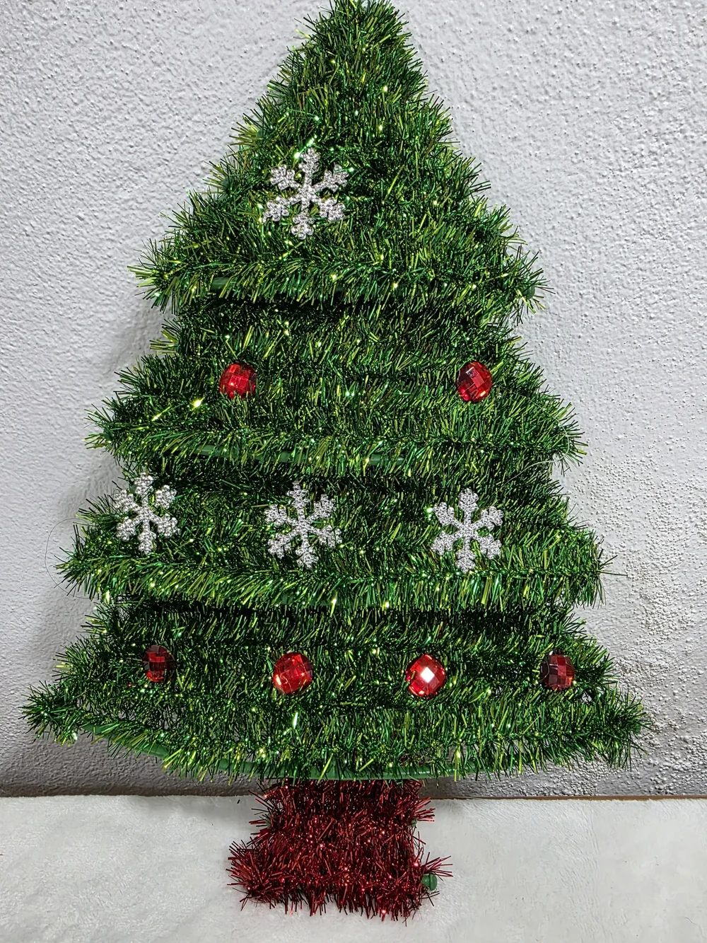 Green Tinsel Wall Hanging Christmas Small Tree with Red Accents 13.5